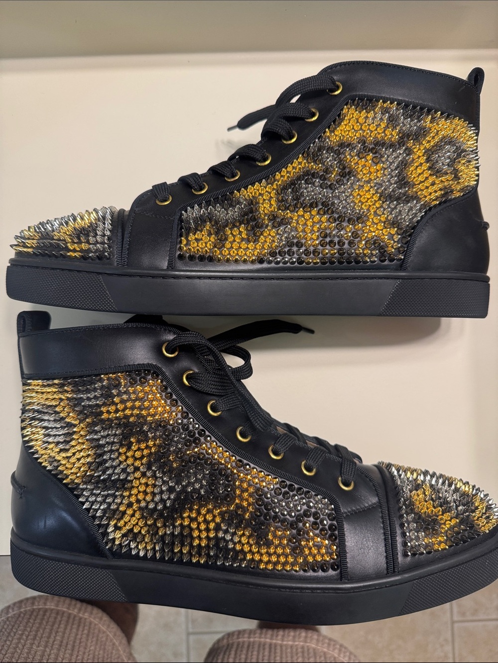 Christian Louboutin Black and Gold Spike-Embellished High-Top Sneakers - Picture 5 of 13